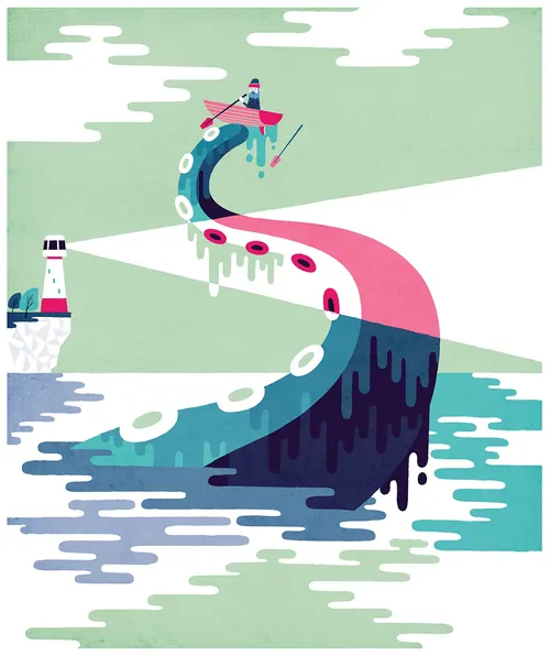 Fisherman on octopus tentacle near lighthouse by Tim Bradford