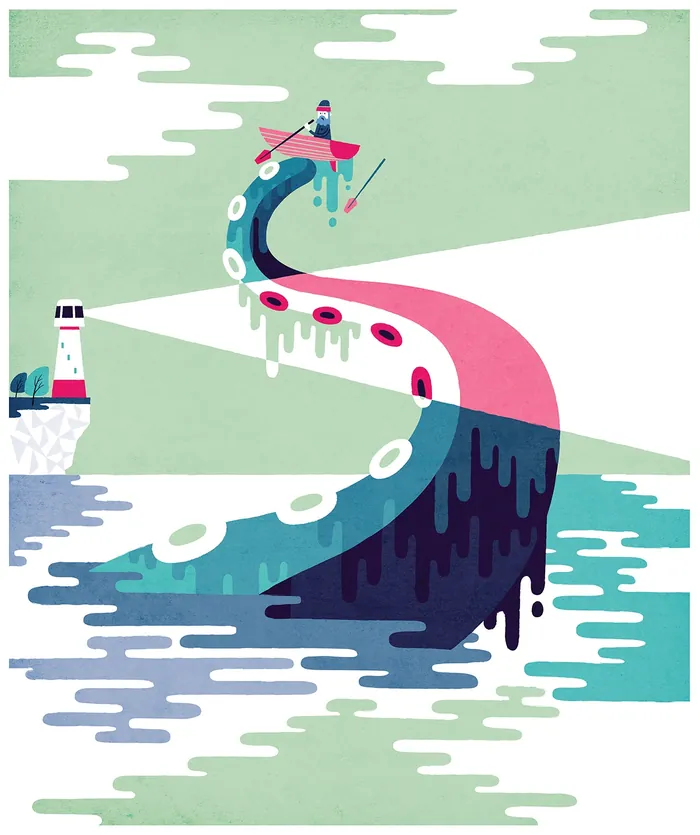 Fisherman on octopus tentacle near lighthouse by Tim Bradford