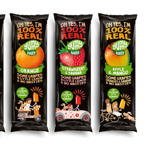 Playful fruit snack packaging design with cartoon design