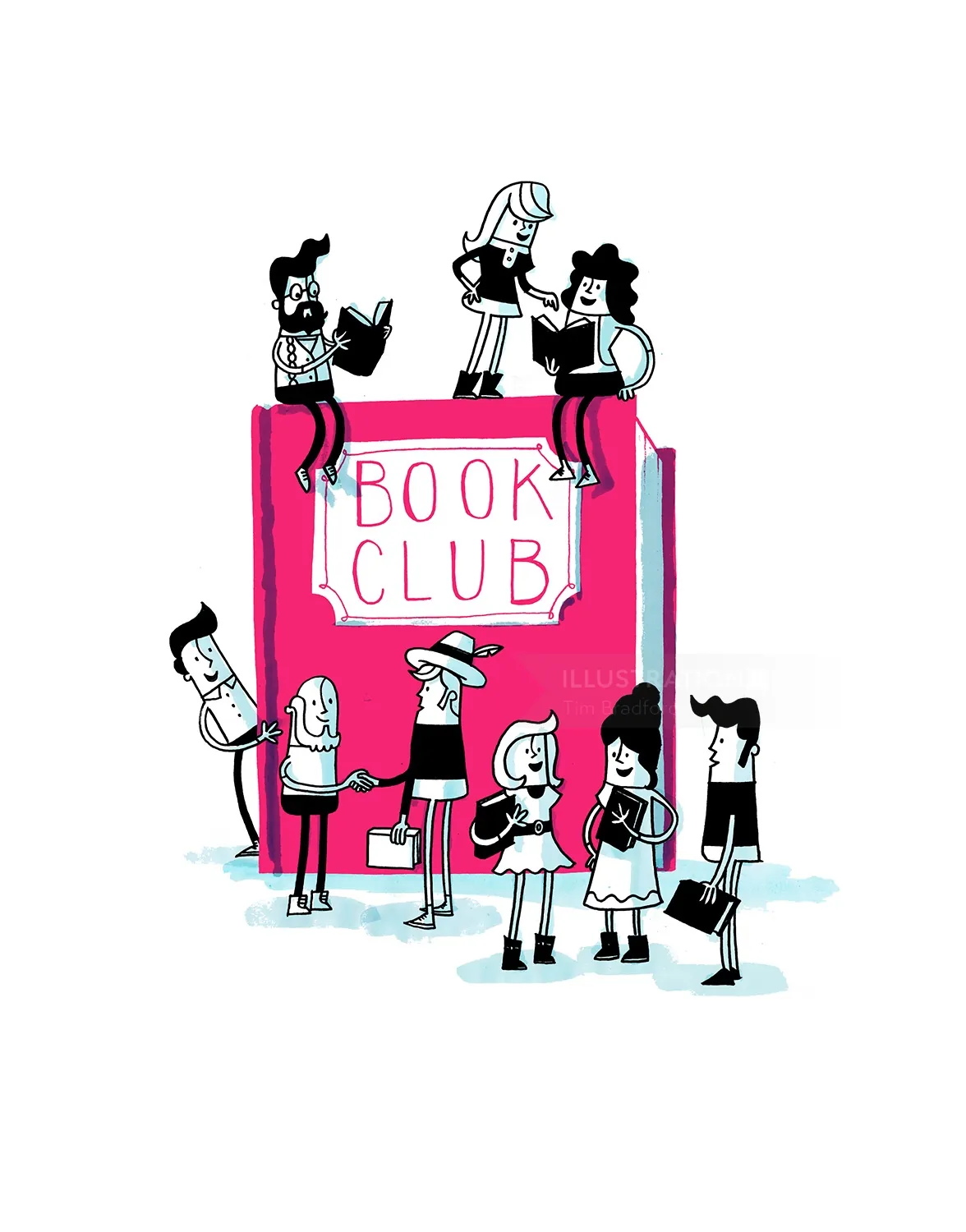 Cena de leitura e discussão em torno de um livro gigante do Clube do Livro.