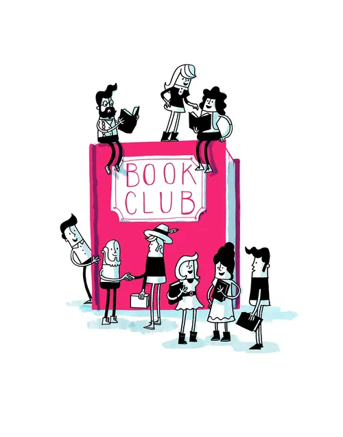 Scene of reading and discussion around giant Book Club book