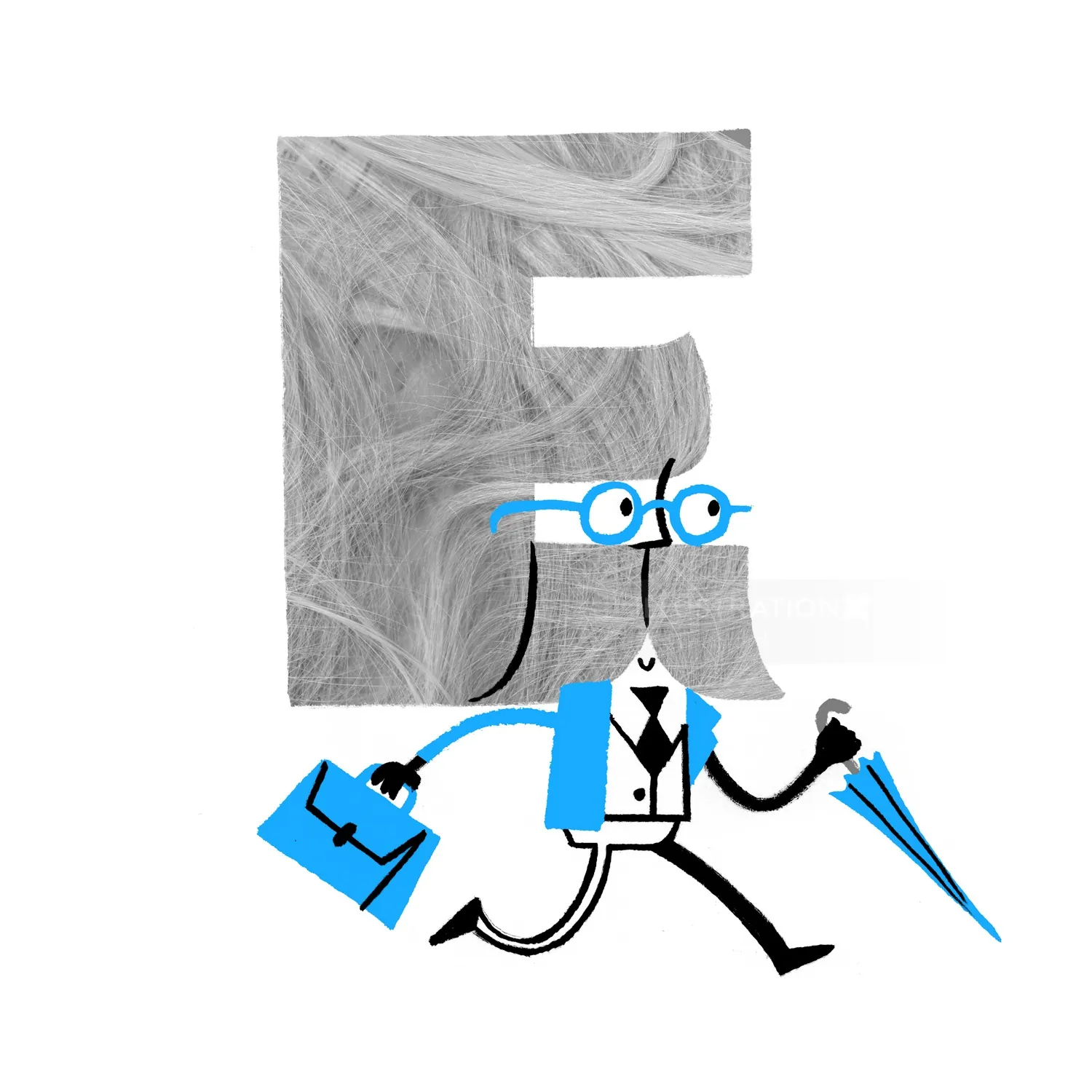 Walking woman holding briefcase and umbrella, illustration by Tim Bradford
