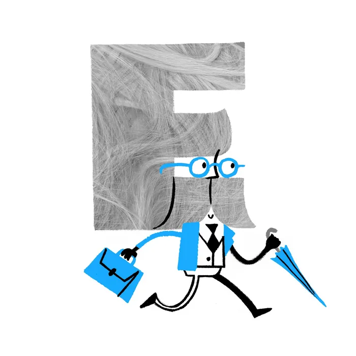 Walking woman holding briefcase and umbrella, illustration by Tim Bradford