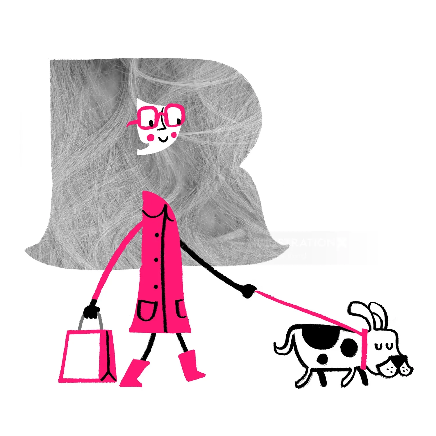 Stylized woman walking a black and white dog, illustration by Tim Bradford