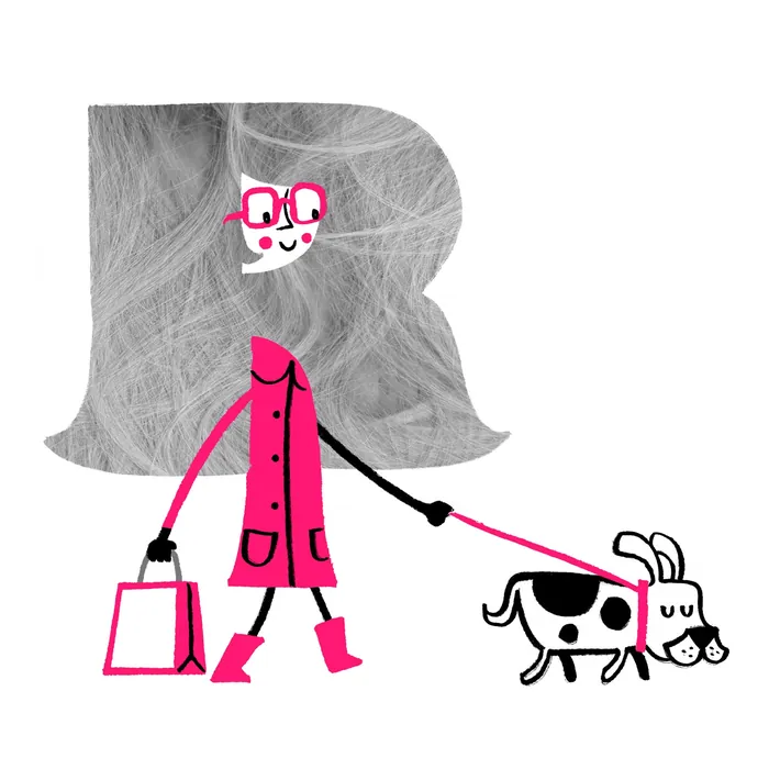 Stylized woman walking a black and white dog, illustration by Tim Bradford