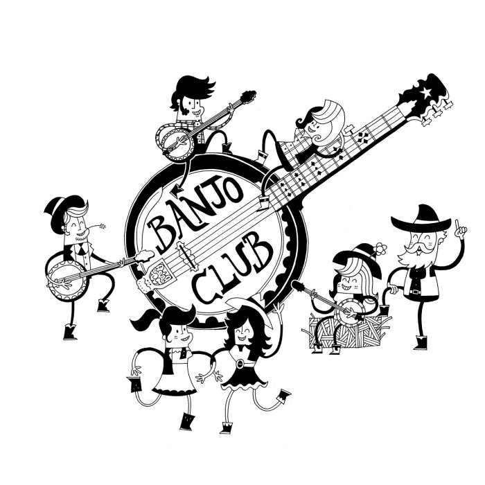 Illustration of characters playing with guitar