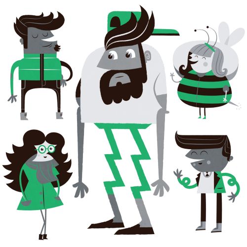 Character drawing of hipster, children and woman