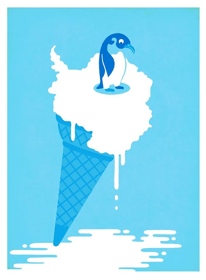 Penguin on melting ice cream shaped like Antarctica by Tim Bradford