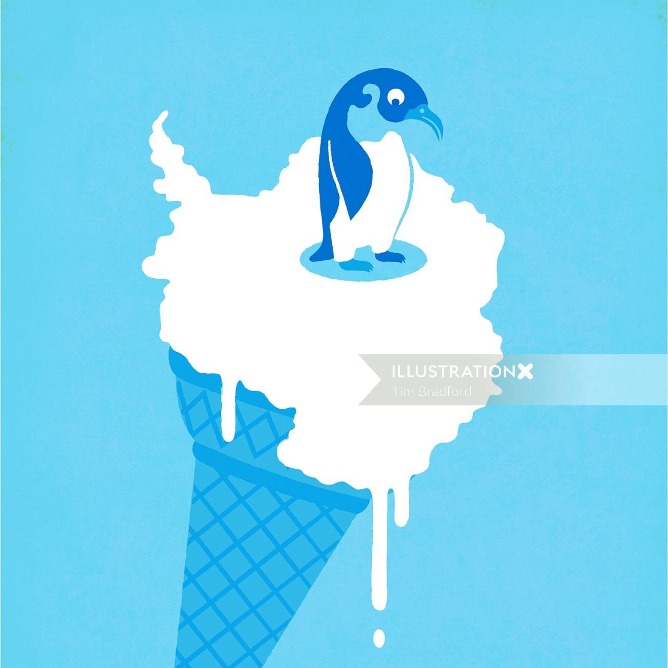 Graphical illustration of a penguin sitting on ice cream
