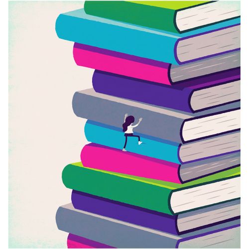 Illustration of lady climbing the books