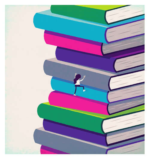 Illustration of lady climbing the books