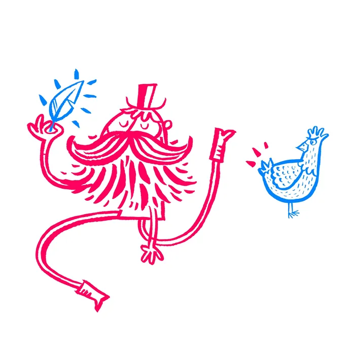 Whimsical illustration of a man holding a feather and pointing at a chicken by Tim Bradford