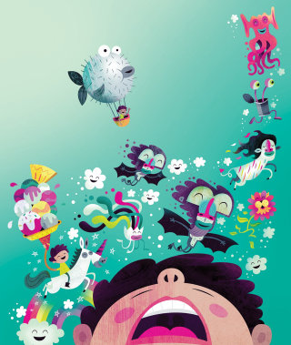 Ilustración de personajes de ficción bajo el agua.