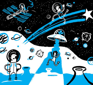 Ilustración del personaje en el espacio.