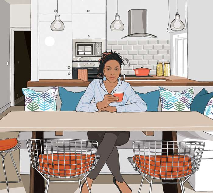 An illustration of happy woman drinking tea