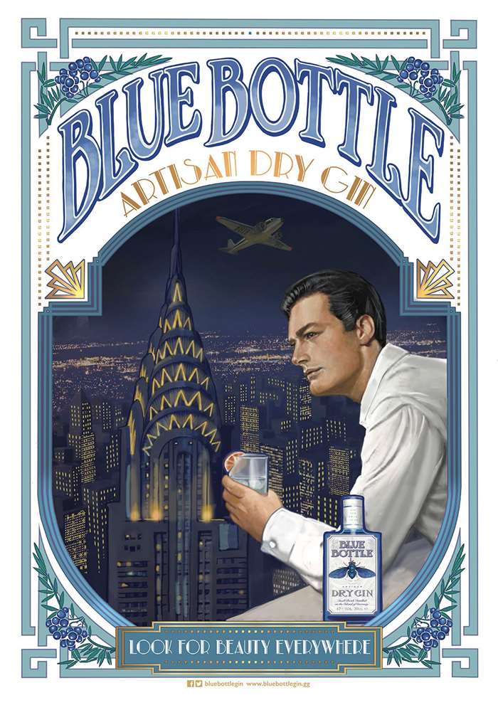 Bob Venables illustrates a poster for Blue Bottle Gin with some city sophistication