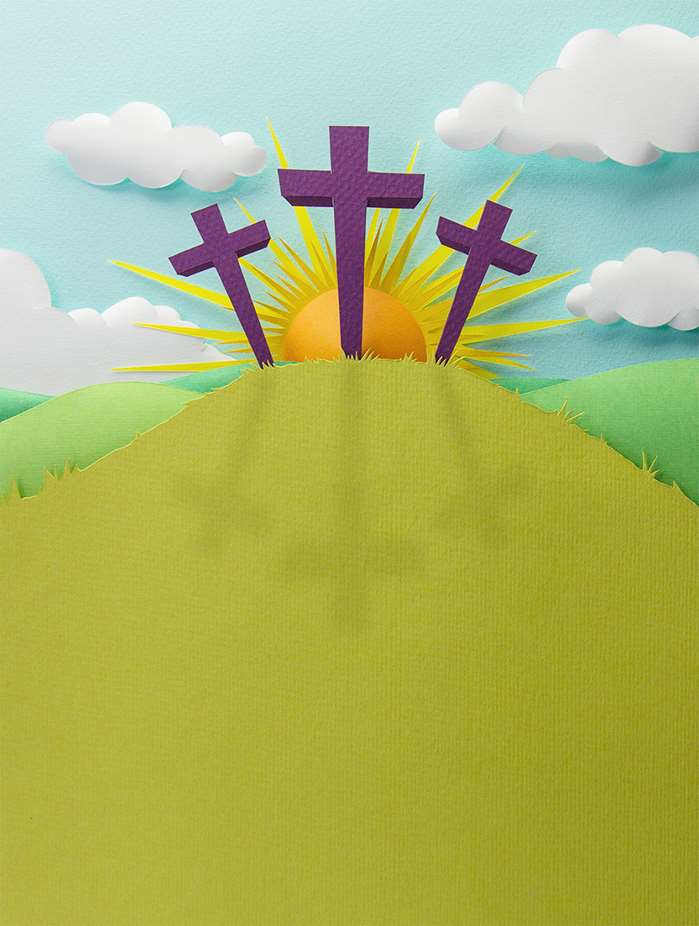 Traditional rendering of 3 crosses behind sunrise
