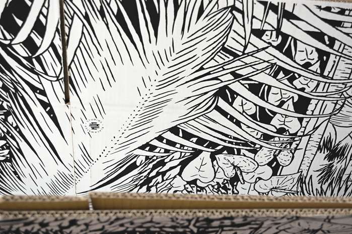 Black & white line drawing of palm trees