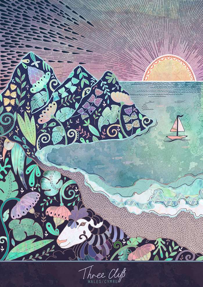Three cliffs bay sunset whimsical illustration