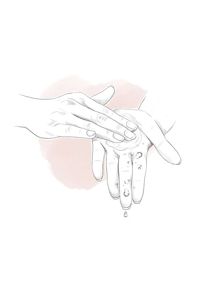 Line drawing of woman moisturizing cream in hands