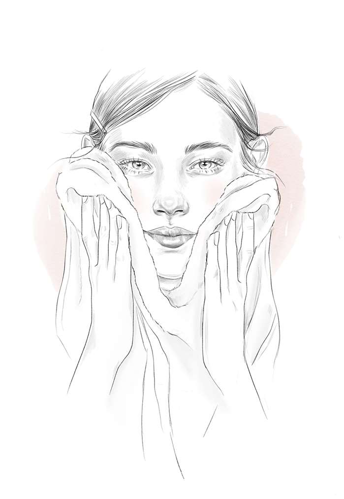 Woman patting her face with towel illustration
