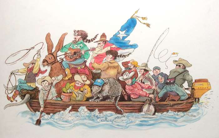 Humorous illustration of people in boat