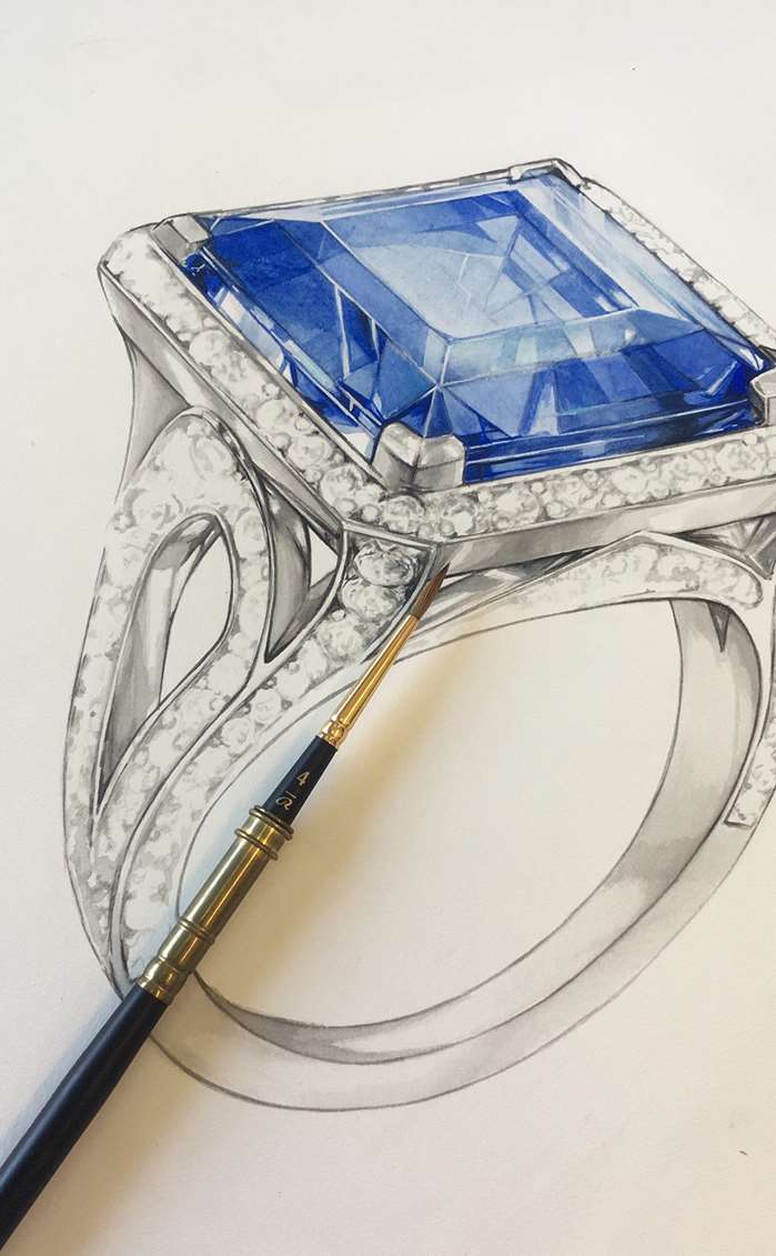 Pencil sketch of ring with blue stone