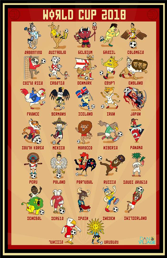 32 Country mascots illustration for world cup'18