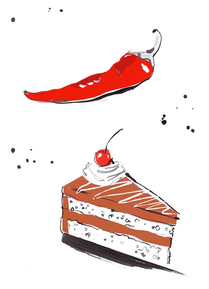 Watercolour drawing of red chilli & cake