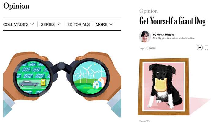 Editorial illustration of puppy and binocular