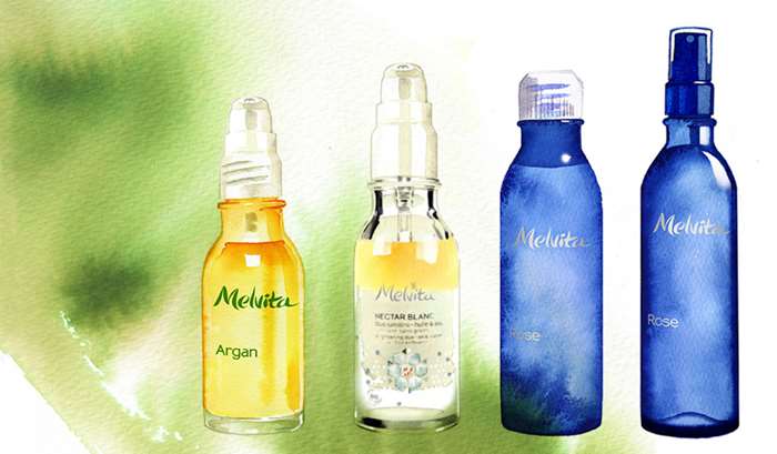 Melvita skincare products watercolour art