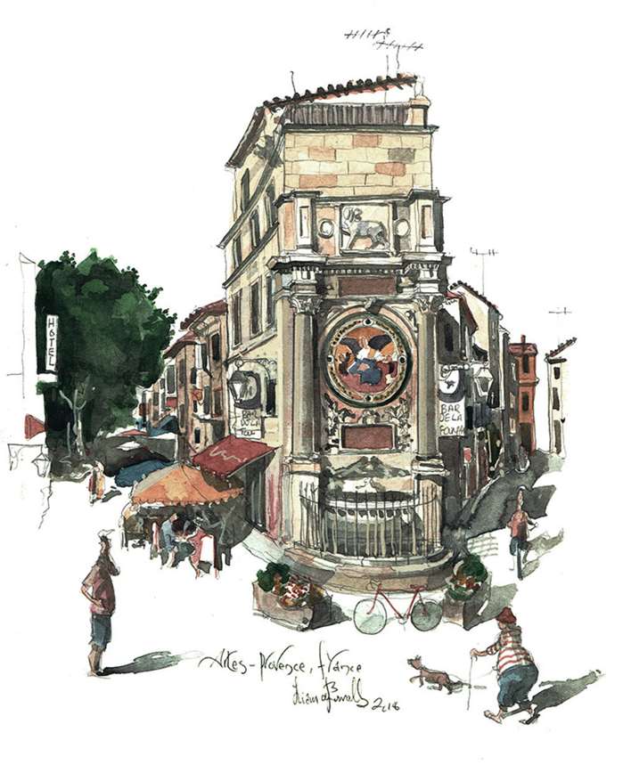 Watercolour Fountain in Arles