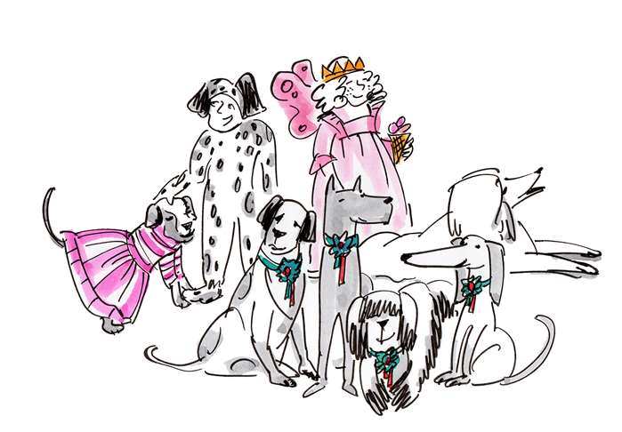Line sketch of children playing with dogs