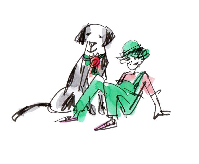 Line drawing of cartoon child & dog