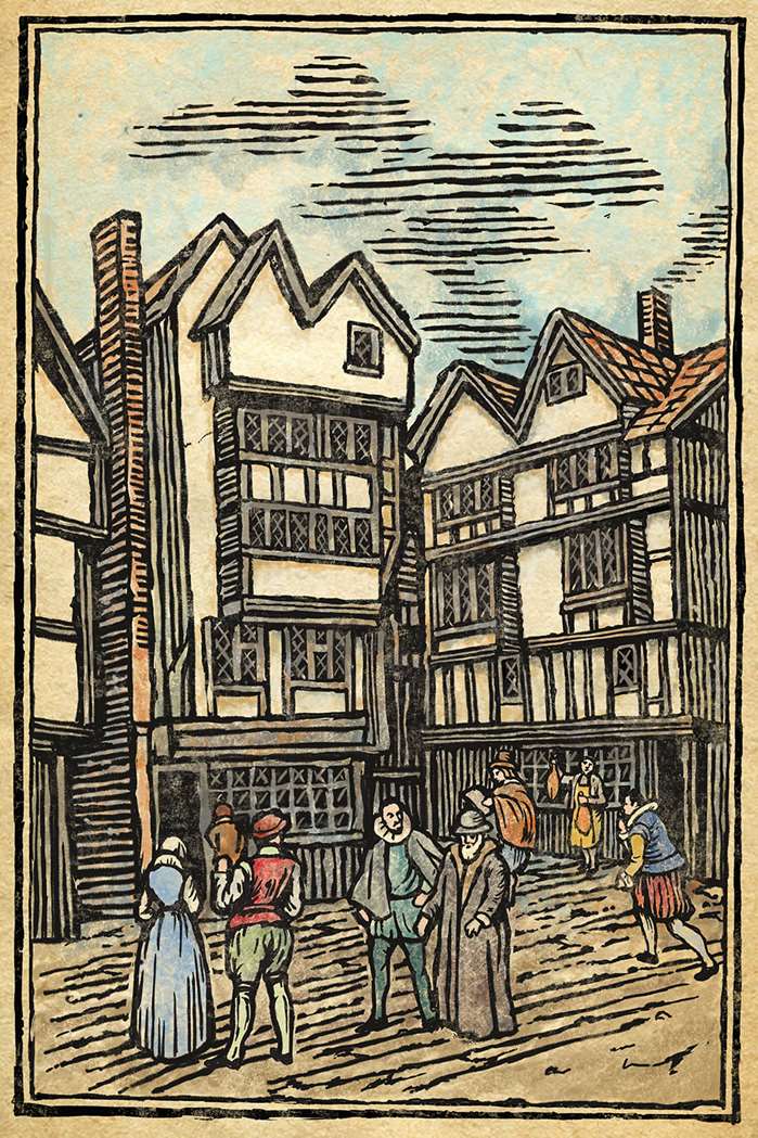 Woodcut drawing of people in the street