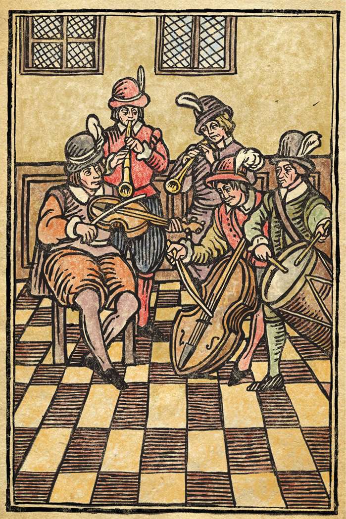 Woodcut illustration of musicians