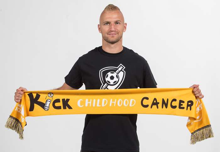 Soccer player holding kick childhood cancer printed scarf