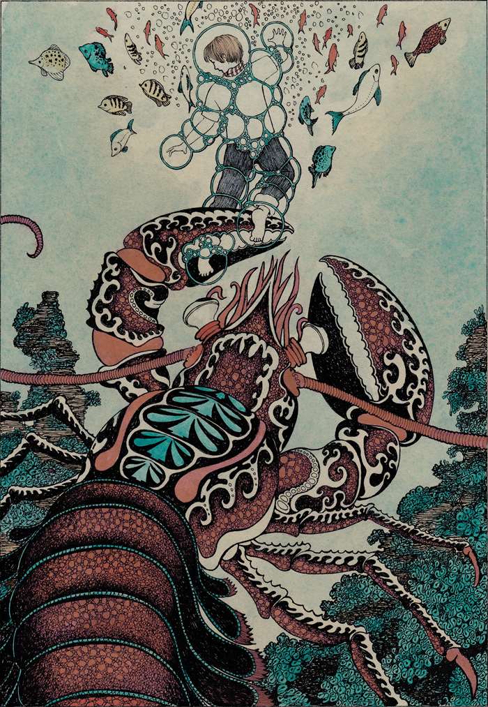 Painting Spider Crab claw pinching human foot