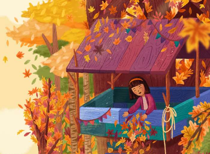 Ilustration of Cute Girl is throwing automn leaves 