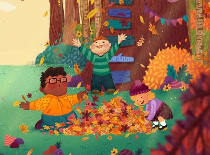 Painting of playing Kids with automn leaves