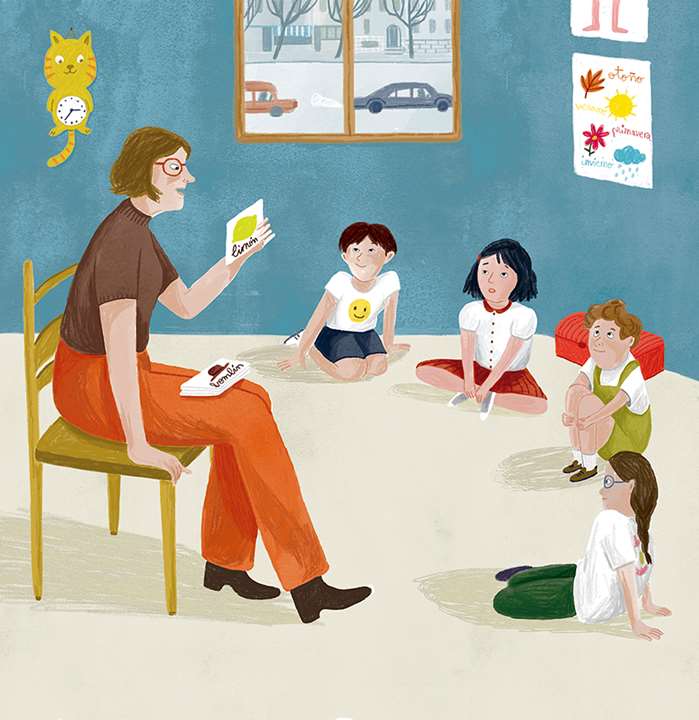 Woman teaching kids at home hand painting