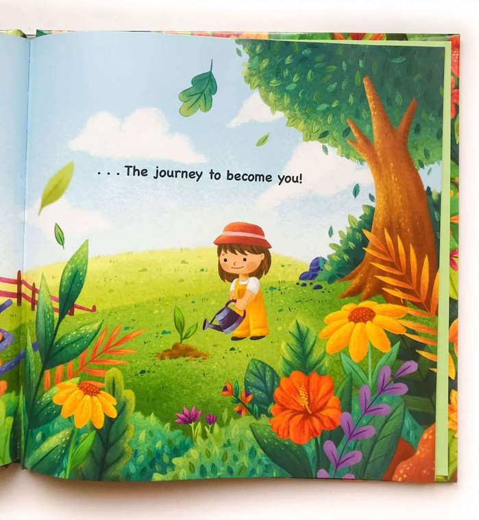 kid watering little sprout in children book