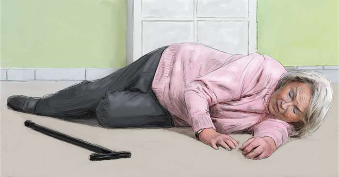 painting showing an old lady fell on ground