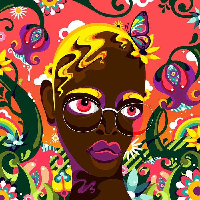 a dark skinned lady surrounded with colours