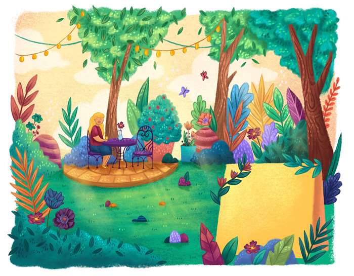little girl sitting in a clean garden