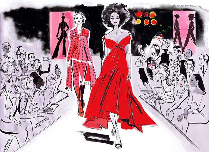 drawing of curly haired model walking on ramp