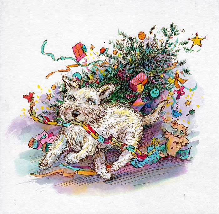 naughty dog running away with christmas tree