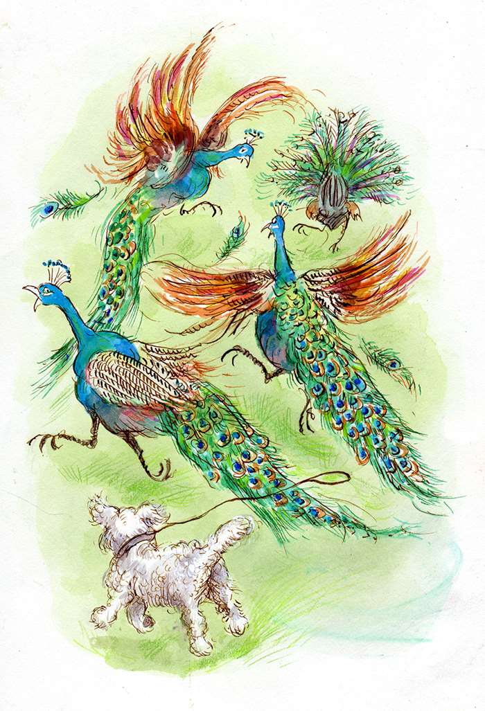 painting of a dog scaring away peacocks