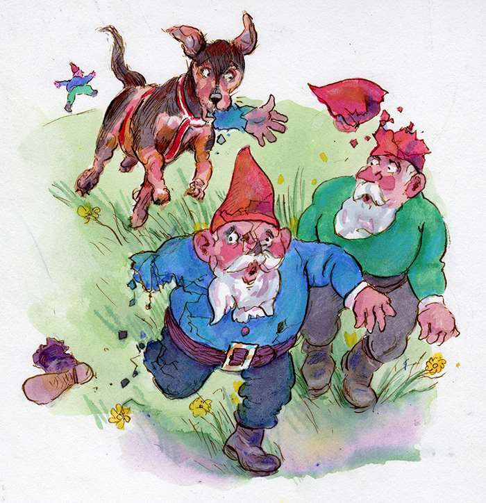 illo of dog running after christmas guests