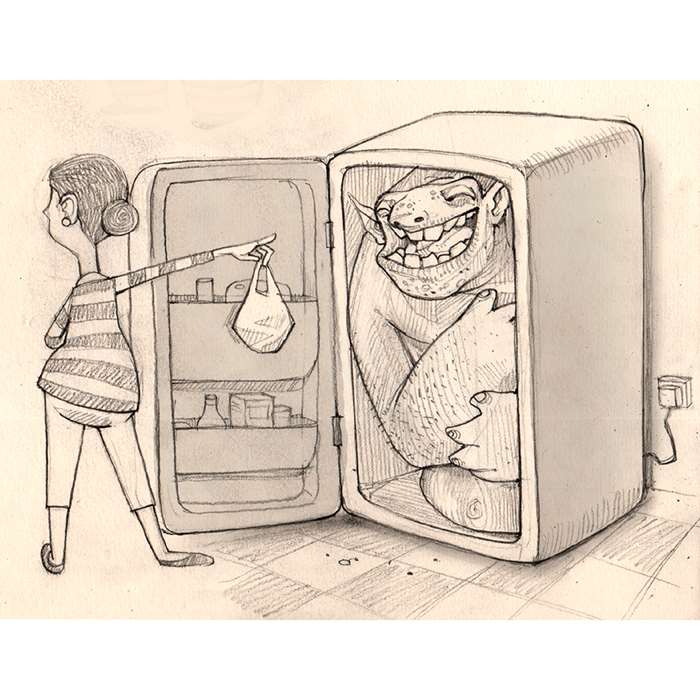 lady pointing at a monster inside fridge